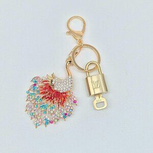 LV Gold Padlock Authentic 🔑 Luxury Bag Charm w/ Unbranded Peacock Keychain